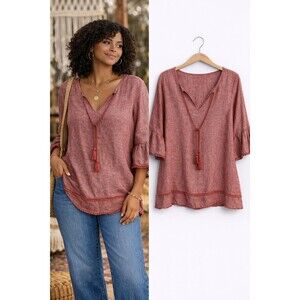 Tahari Linen Tunic Top Womens 1X Rustic Red V-Neck Bell Sleeve Fringe Boho